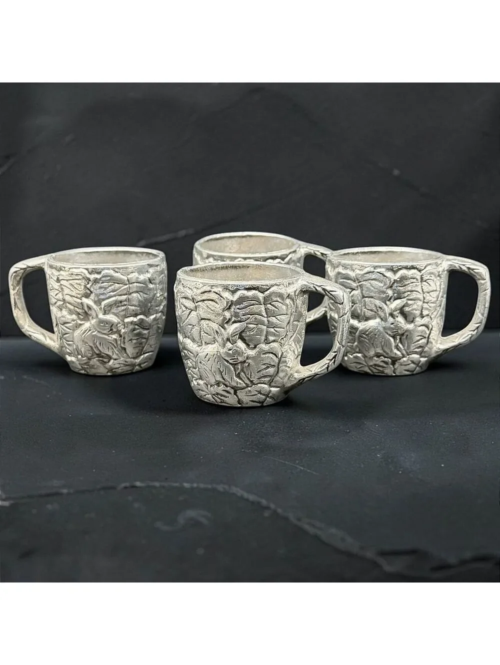 Rare Vintage 1991 CBK Ltd Bunny Rabbit Aluminum Cups Set of 4 Embossed Leaves 3